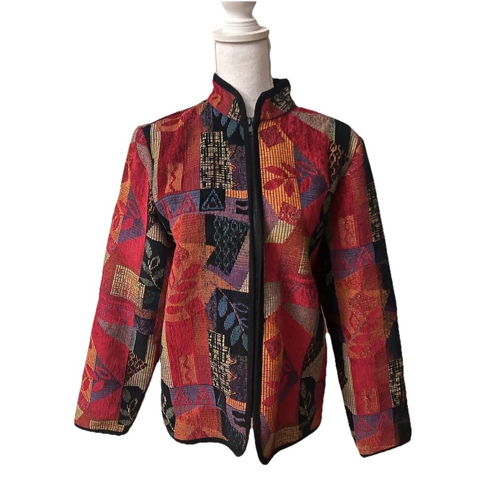 Coldwater Creek Womans Tapestry Jacket Floral Abstract Full Zipper Vintage Sz M